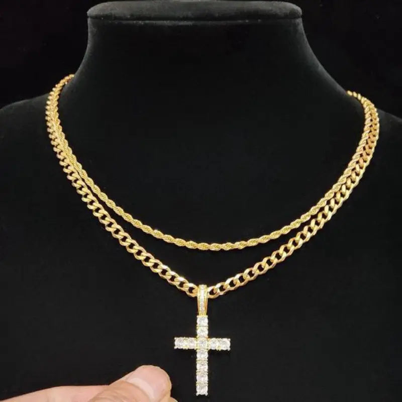Zirconia Cross Pendant Necklace – Unisex Steel Hip Hop Jewelry Gift Gold