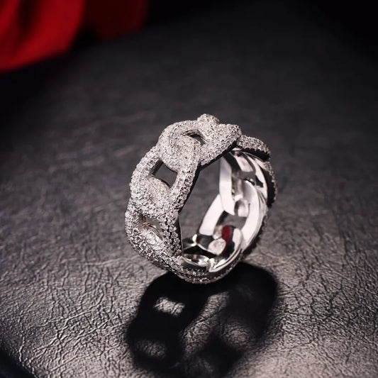 925 Sterling Silver Cuban Link Ring – Unisex Hip Hop Ice Out Jewelry Silver