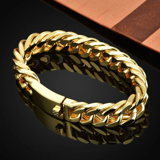 Cuban Chain Double Button Bracelet – Men’s Hip Hop Alloy Jewelry Gold CHINA