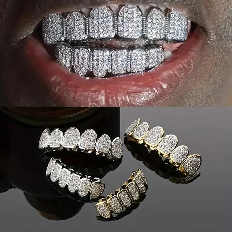 Hip Hop CZ Teeth Grillz Set – Unisex Gold/Silver Removable Top & Bottom Caps