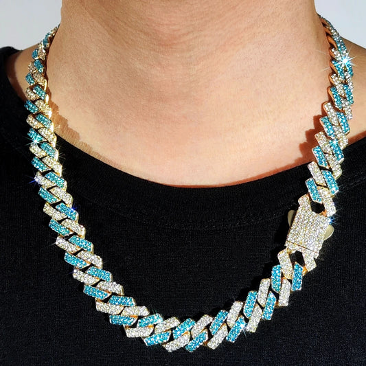 14mm Blue Rhombus Cuban Link Chain & Bracelet Set – Unisex Hip Hop Jewelry