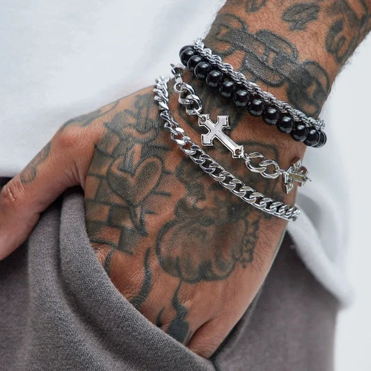 4-Piece Dark Stainless Steel Cross Bead Bracelet Set – Men’s Hip Hop Jewelry