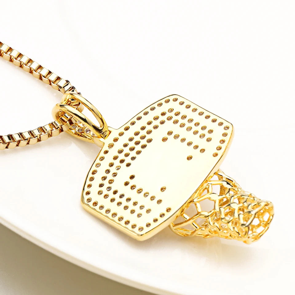 Basketball Hoop Pendant Necklace – Men’s Hip Hop Long Chain Jewelry Gold WHITE