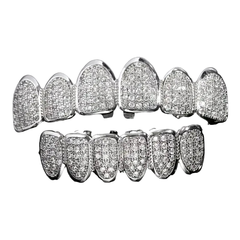 Hip Hop CZ Teeth Grillz Set – Unisex Gold/Silver Removable Top & Bottom Caps Silver