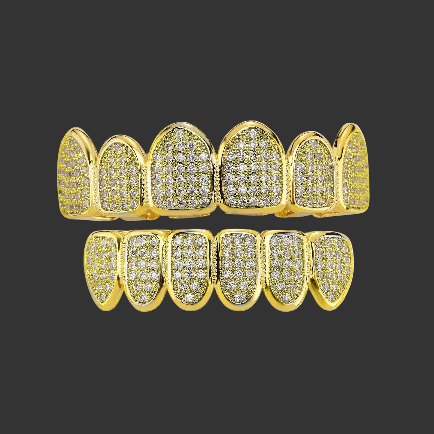 Iced Out CZ Teeth Grillz – Unisex Hip Hop 14K Gold Plated Jewelry Gold