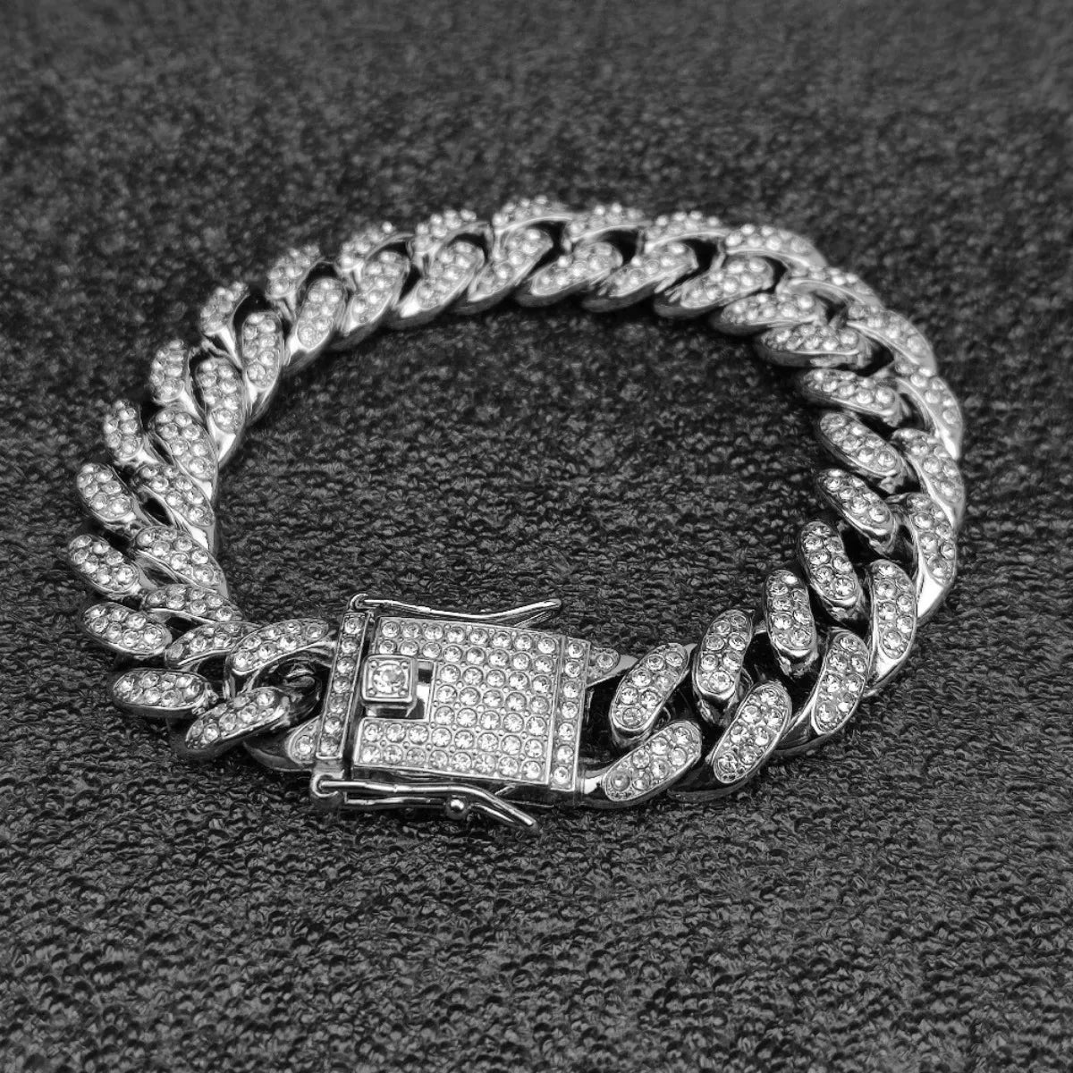 Gold Cuban Chain Bracelet – Men’s Hip Hop Rhinestone Jewelry Silver 20cm