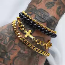 4-Piece Dark Stainless Steel Cross Bead Bracelet Set – Men’s Hip Hop Jewelry