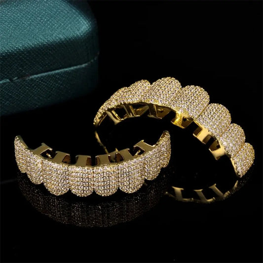 Hip Hop Teeth Grillz Set – Top & Bottom Zircon Hollow Dental Caps