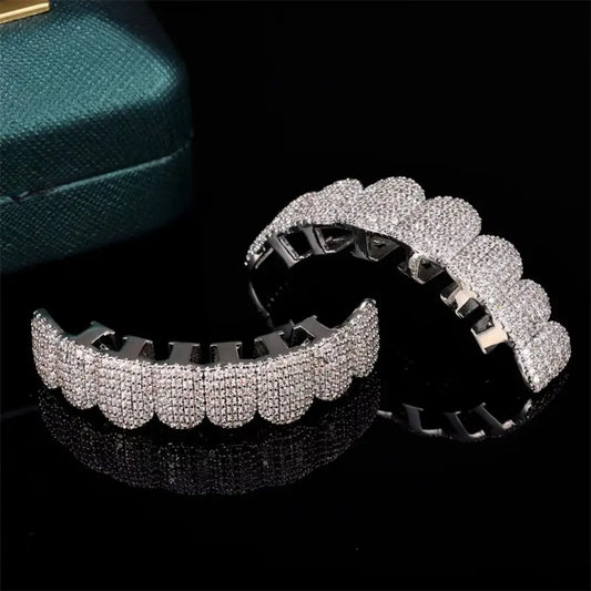 Hip Hop Teeth Grillz Set – Top & Bottom Zircon Hollow Dental Caps
