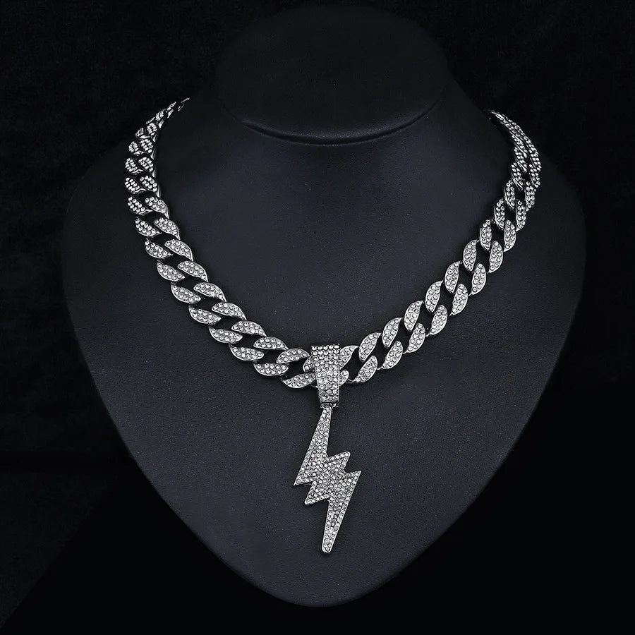 Rhinestone Lightning Pendant Necklace – Unisex Hip Hop Cuban Chain Jewelry Silver
