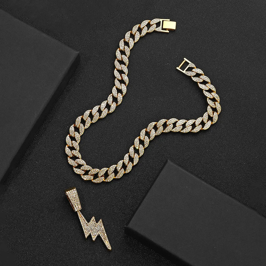 Rhinestone Lightning Pendant Necklace – Unisex Hip Hop Cuban Chain Jewelry