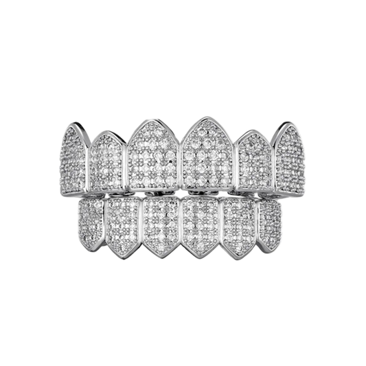 Full CZ Teeth Grillz – Unisex Hip Hop Iced Out Jewelry Silver