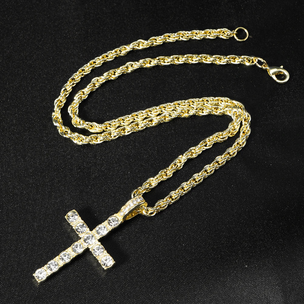 Iced Out Cross Pendant Necklace – Unisex Hip Hop Zircon Tennis Chain Gold
