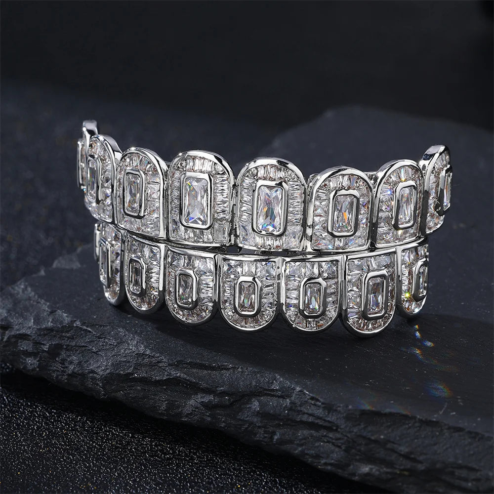 Full Iced Out Square CZ Teeth Grillz – Unisex Hip Hop Jewelry