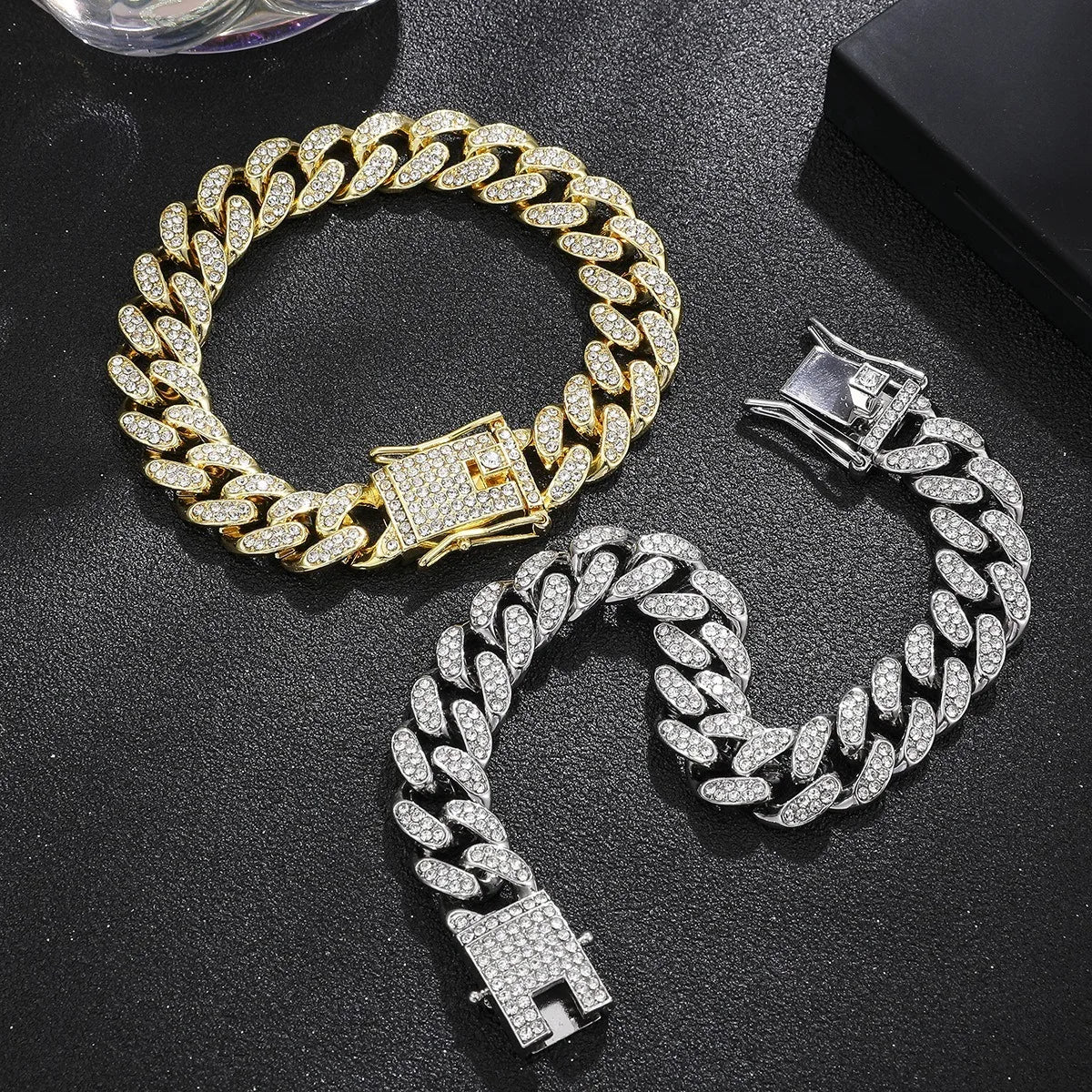 Gold Cuban Chain Bracelet – Men’s Hip Hop Rhinestone Jewelry