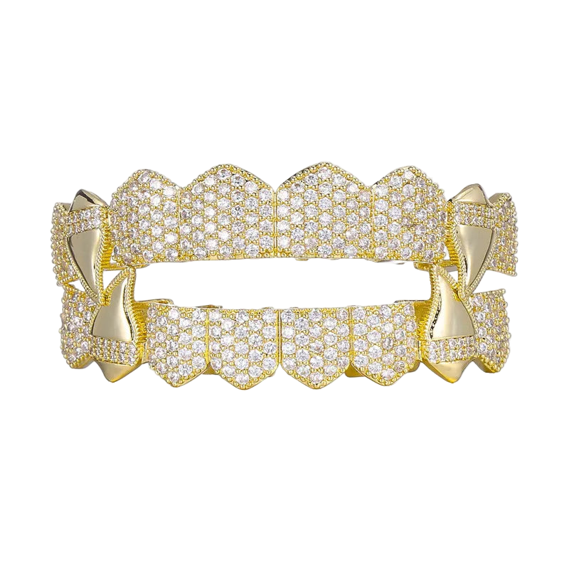 Full CZ Teeth Grillz – Unisex Hip Hop Iced Out Jewelry Gold