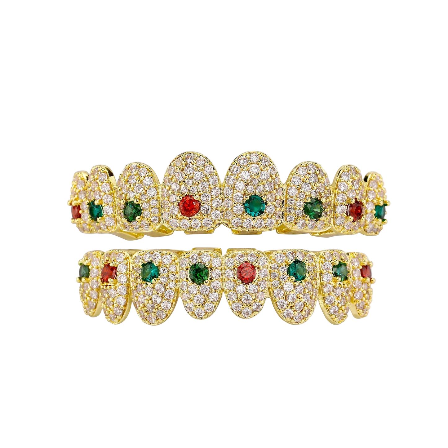 Hip Hop Rainbow Grillz – Full Iced Out CZ Stone 8 Teeth Top & Bottom Set for Men & Women Gold