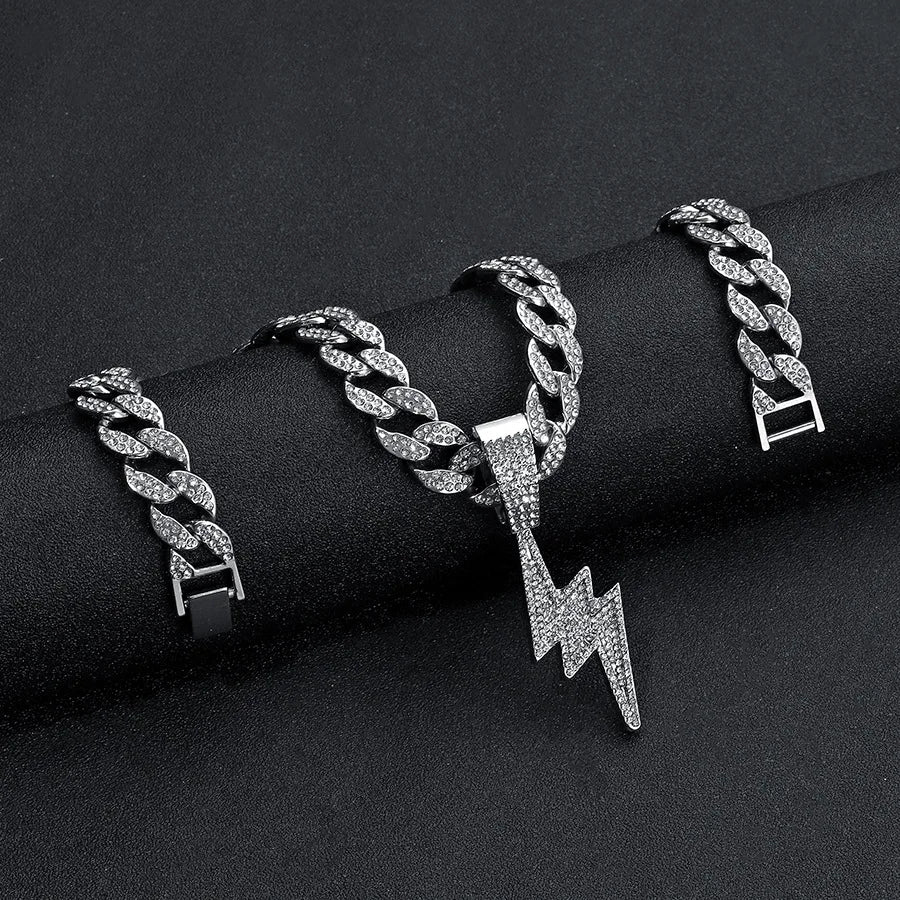 Rhinestone Lightning Pendant Necklace – Unisex Hip Hop Cuban Chain Jewelry