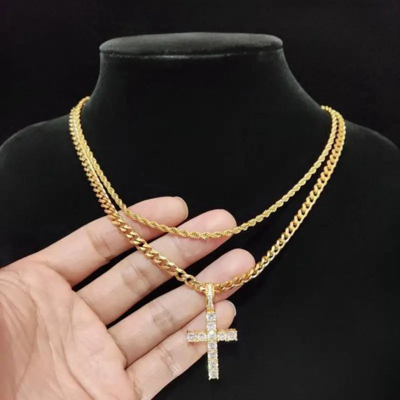 Zirconia Cross Pendant Necklace – Unisex Steel Hip Hop Jewelry Gift