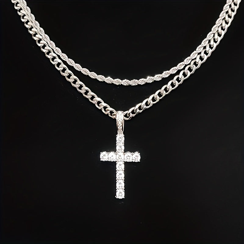 Zirconia Cross Pendant Necklace – Unisex Steel Hip Hop Jewelry Gift Silver