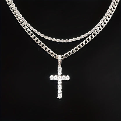 Zirconia Cross Pendant Necklace – Unisex Steel Hip Hop Jewelry Gift Silver