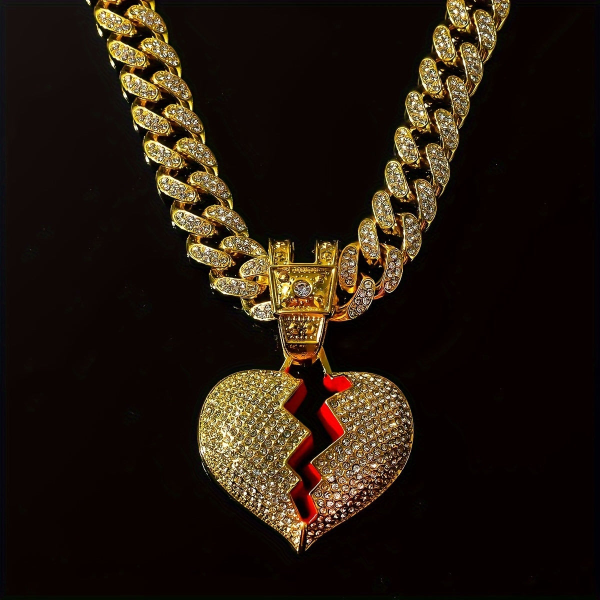 Iced Out Broken Heart Pendant Necklace – Stainless Steel Hip Hop Jewelry Gold