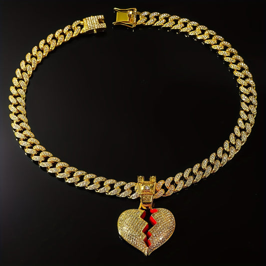 Iced Out Broken Heart Pendant Necklace – Stainless Steel Hip Hop Jewelry
