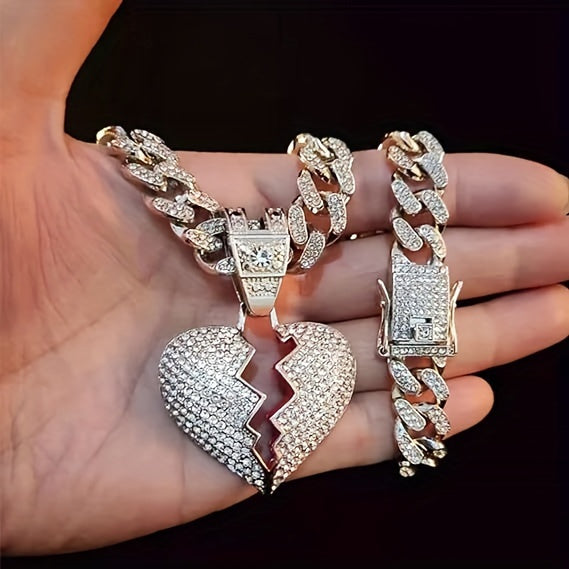 Iced Out Broken Heart Pendant Necklace – Stainless Steel Hip Hop Jewelry Silver