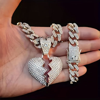 Iced Out Broken Heart Pendant Necklace – Stainless Steel Hip Hop Jewelry Silver