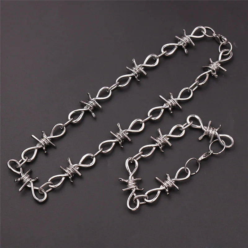 Barbed Wire Bracelet & Necklace Set – Unisex Hip Hop Punk Jewelry