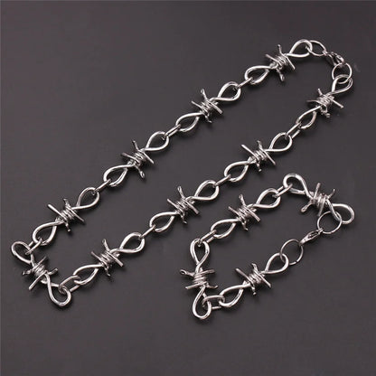 Barbed Wire Bracelet & Necklace Set – Unisex Hip Hop Punk Jewelry