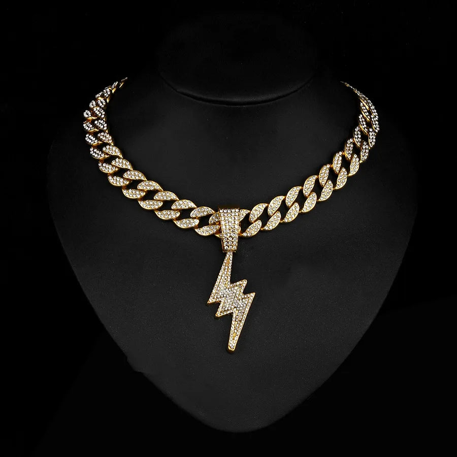 Rhinestone Lightning Pendant Necklace – Unisex Hip Hop Cuban Chain Jewelry