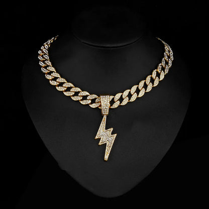 Rhinestone Lightning Pendant Necklace – Unisex Hip Hop Cuban Chain Jewelry