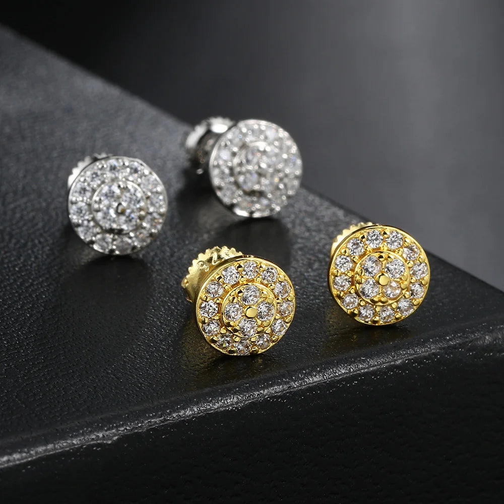 Hip Hop Men's Stud Earrings – Gold Color Round Micro Pave Zircon