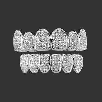 Iced Out CZ Teeth Grillz – Unisex Hip Hop 14K Gold Plated Jewelry Silver