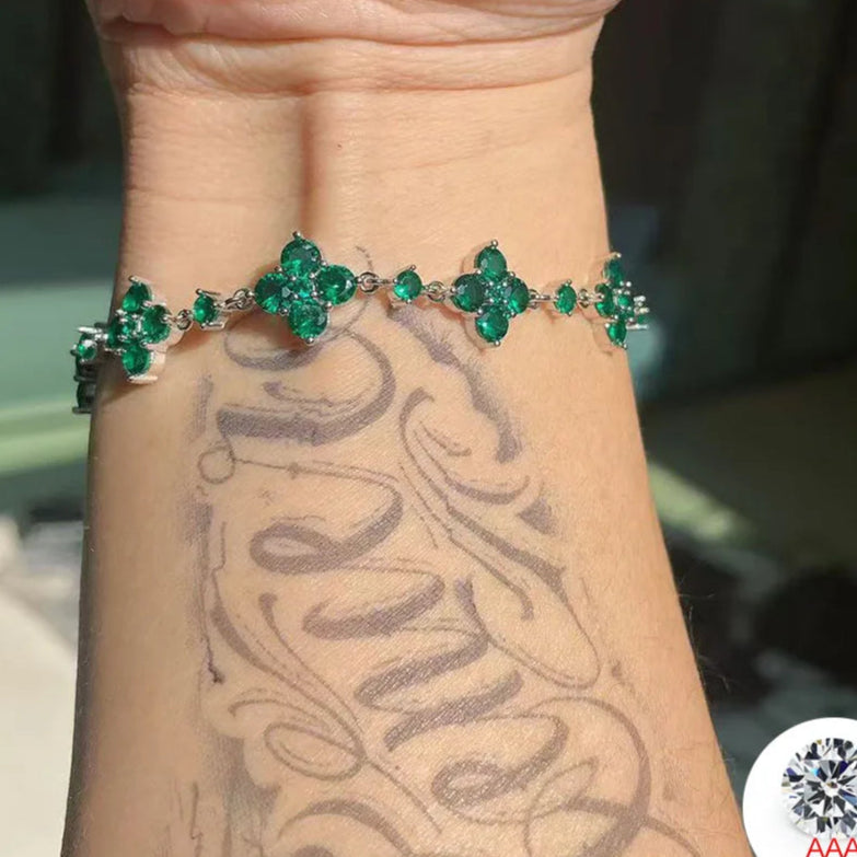 4mm Iced Out Green Four-Leaf Tennis Bracelet Set – Men’s Hip Hop Jewelry Gift Green