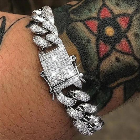 Gold Cuban Chain Bracelet – Men’s Hip Hop Rhinestone Jewelry