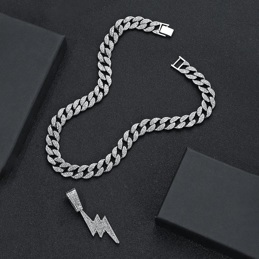 Rhinestone Lightning Pendant Necklace – Unisex Hip Hop Cuban Chain Jewelry