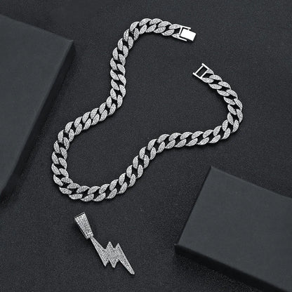 Rhinestone Lightning Pendant Necklace – Unisex Hip Hop Cuban Chain Jewelry