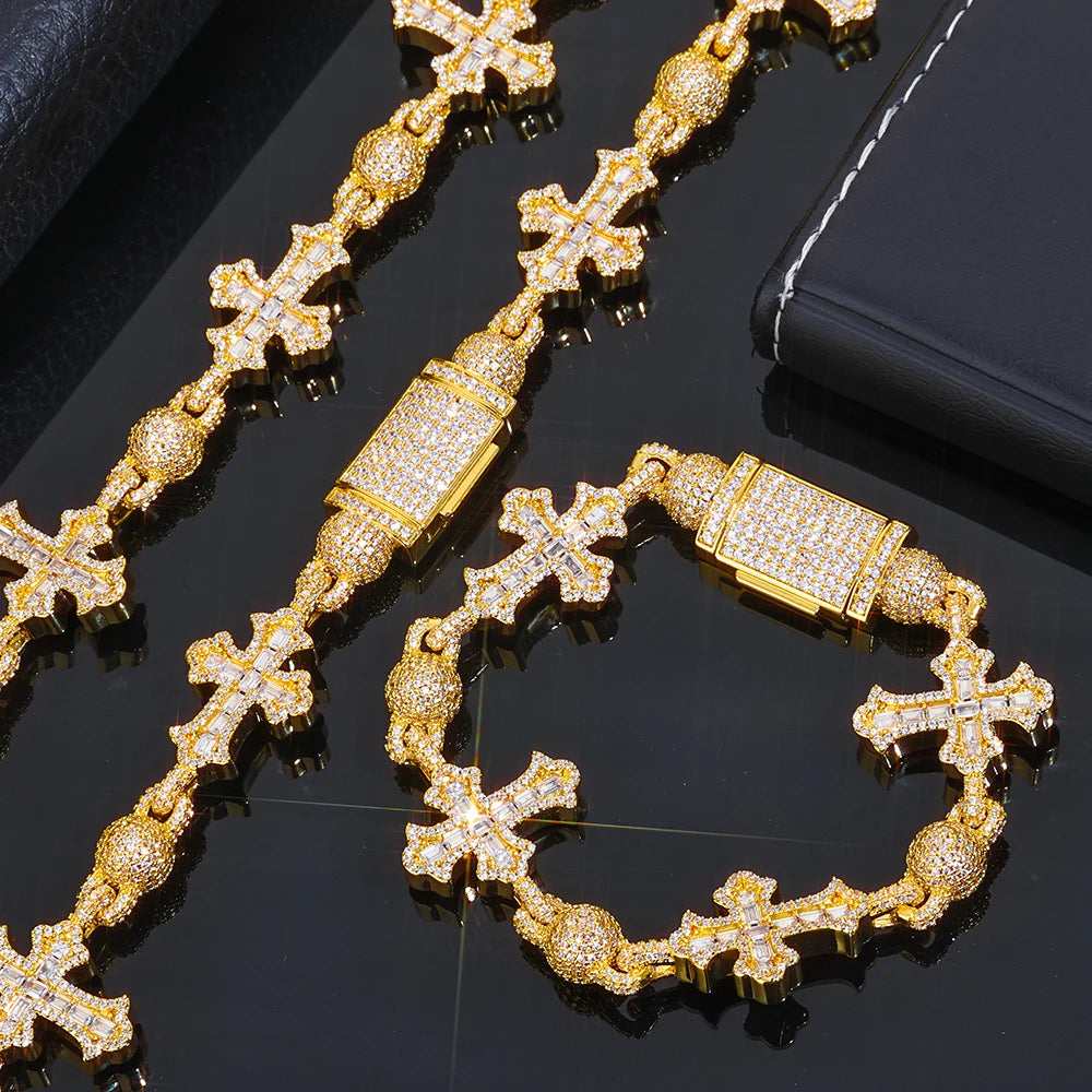 Cubic Zirconia Cross & Bead Necklace – Men’s Hip Hop Cuban Chain Jewelry