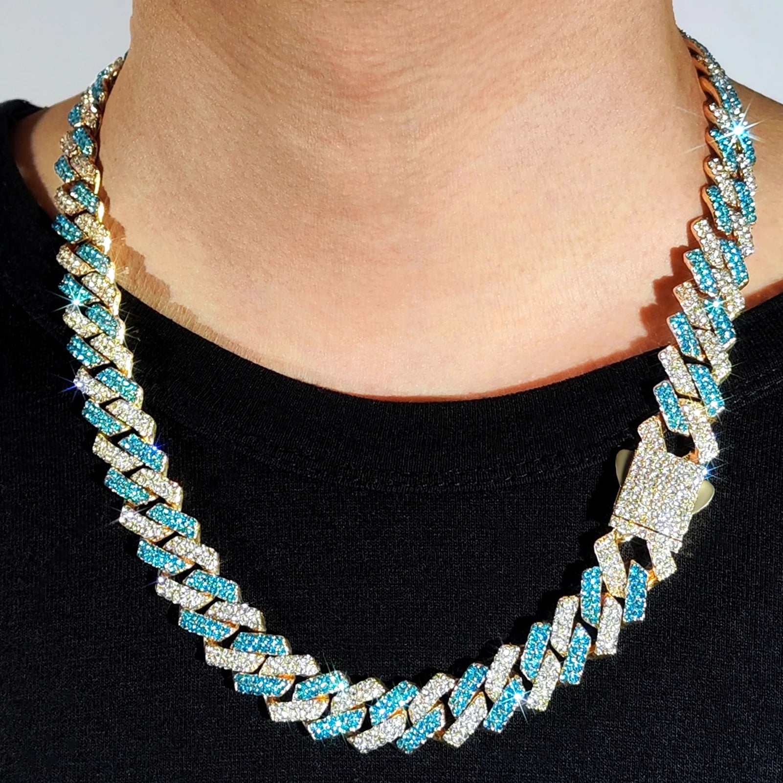 14mm Blue Rhombus Cuban Link Chain & Bracelet Set – Unisex Hip Hop Jewelry