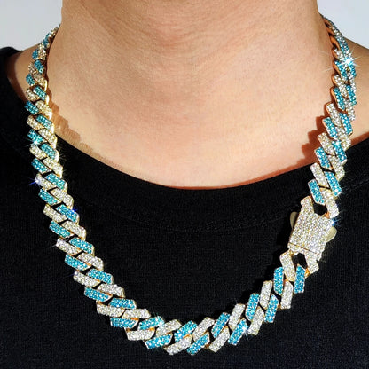 14mm Blue Rhombus Cuban Link Chain & Bracelet Set – Unisex Hip Hop Jewelry