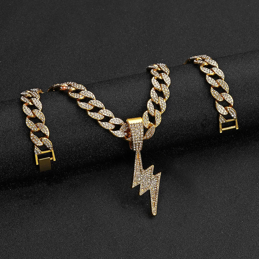 Rhinestone Lightning Pendant Necklace – Unisex Hip Hop Cuban Chain Jewelry