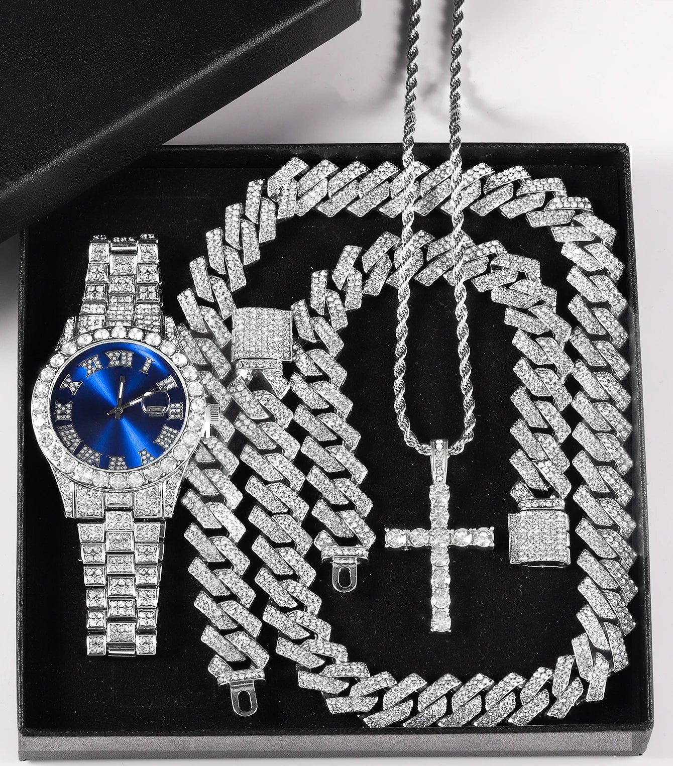 Quartz Watch Set Gift Box Cuban Necklace Bracelet Cross Silver Color 50cm