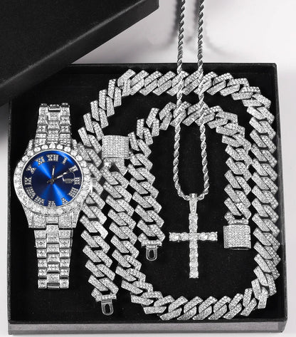 Quartz Watch Set Gift Box Cuban Necklace Bracelet Cross Silver Color 50cm