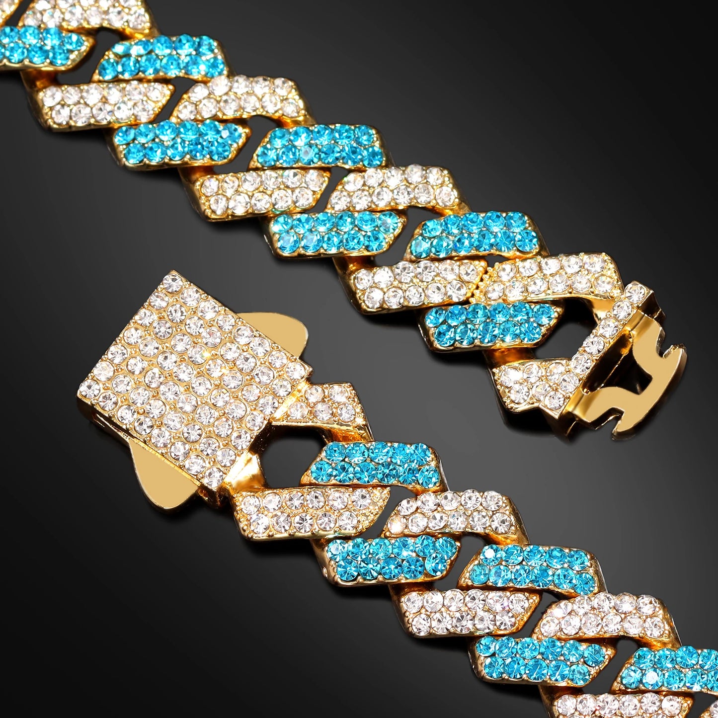 14mm Blue Rhombus Cuban Link Chain & Bracelet Set – Unisex Hip Hop Jewelry