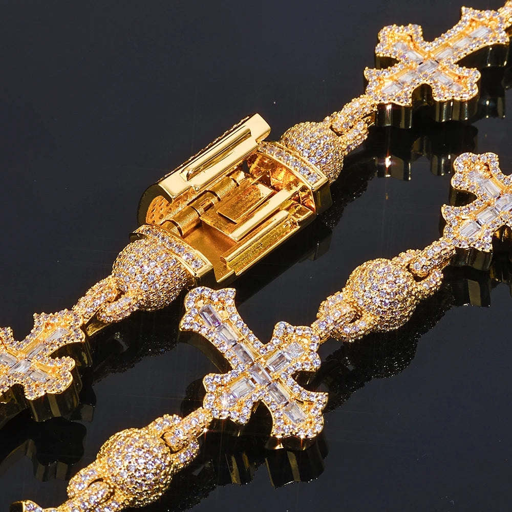 Cubic Zirconia Cross & Bead Necklace – Men’s Hip Hop Cuban Chain Jewelry