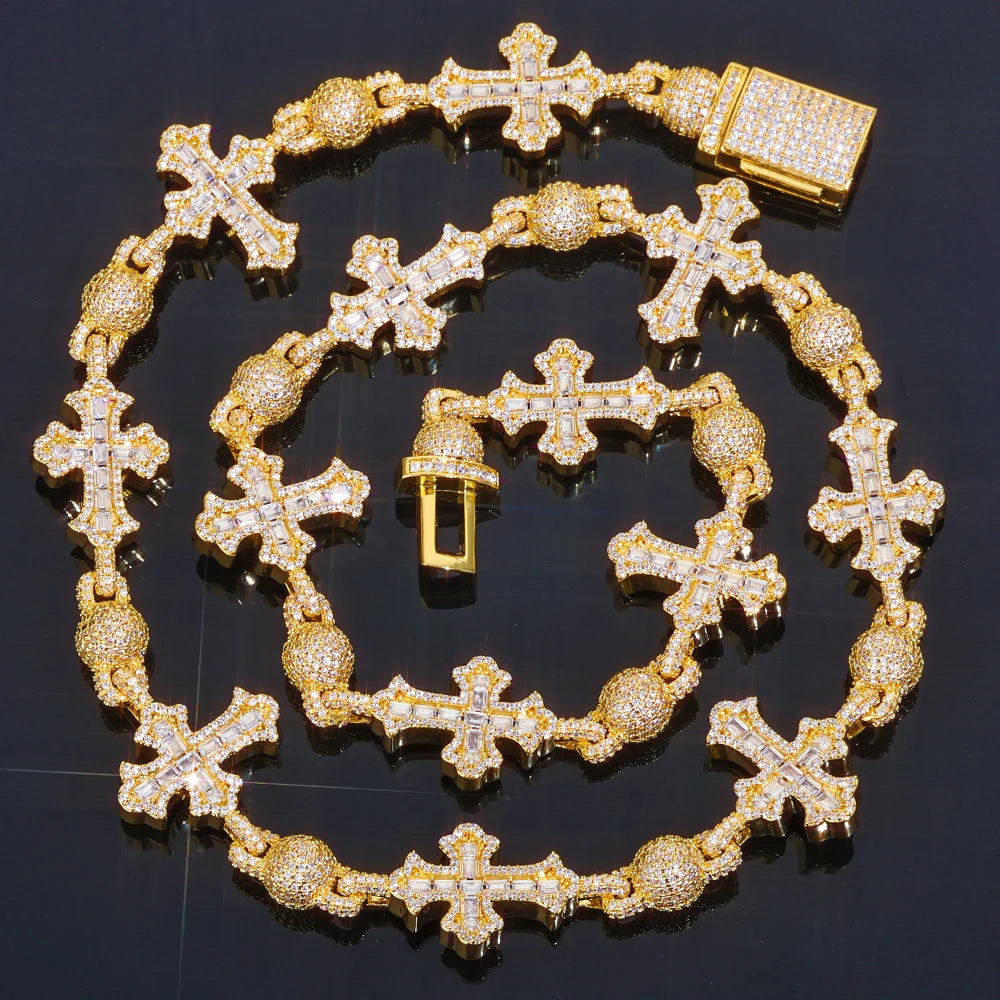 Cubic Zirconia Cross & Bead Necklace – Men’s Hip Hop Cuban Chain Jewelry