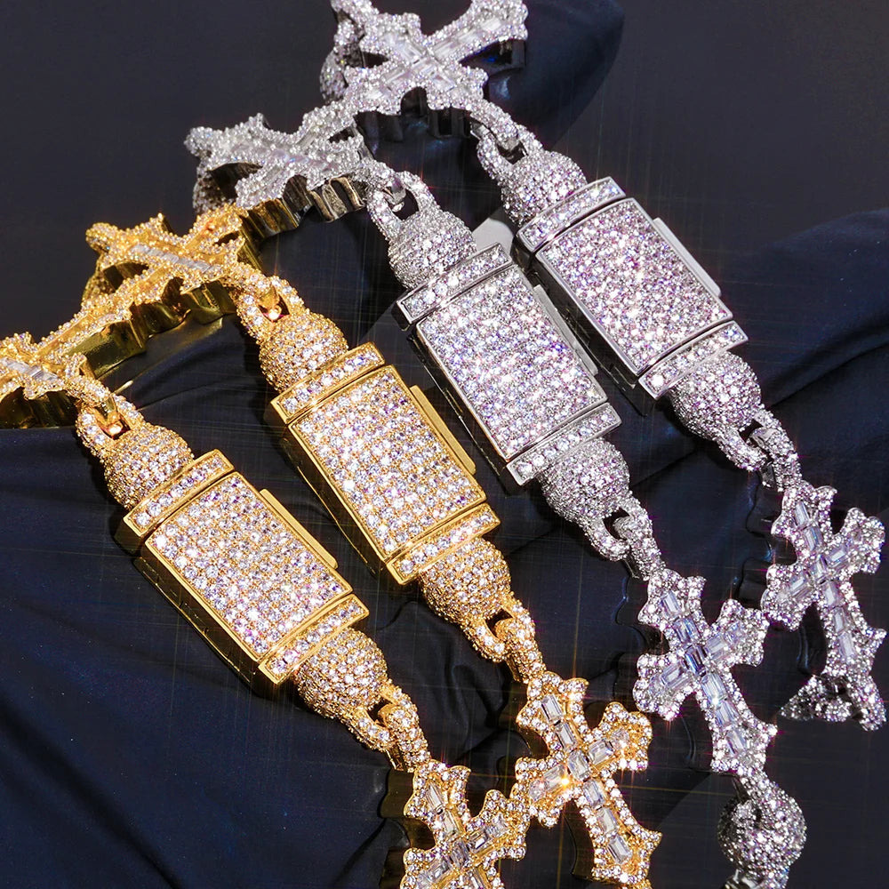 Cubic Zirconia Cross & Bead Necklace – Men’s Hip Hop Cuban Chain Jewelry