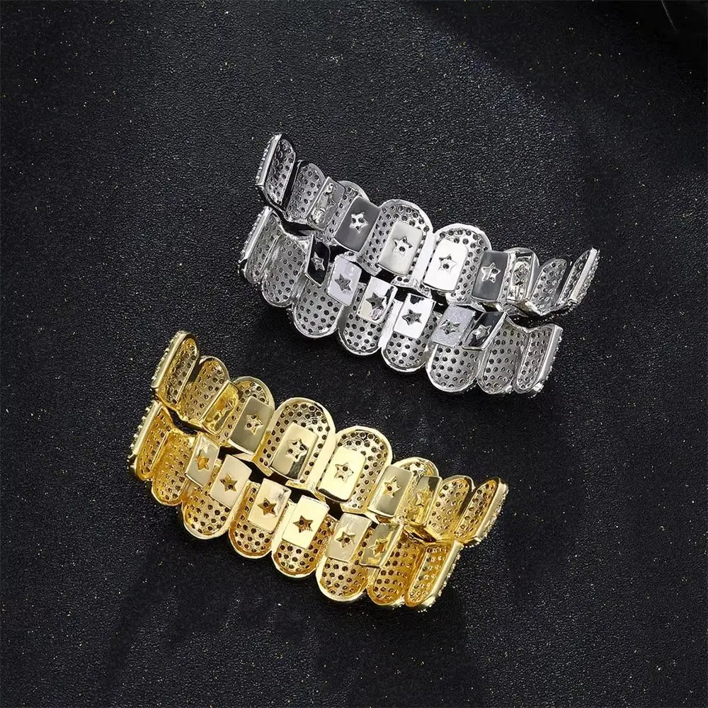 Hip Hop Teeth Grillz Set – Top & Bottom Zircon Hollow Dental Caps